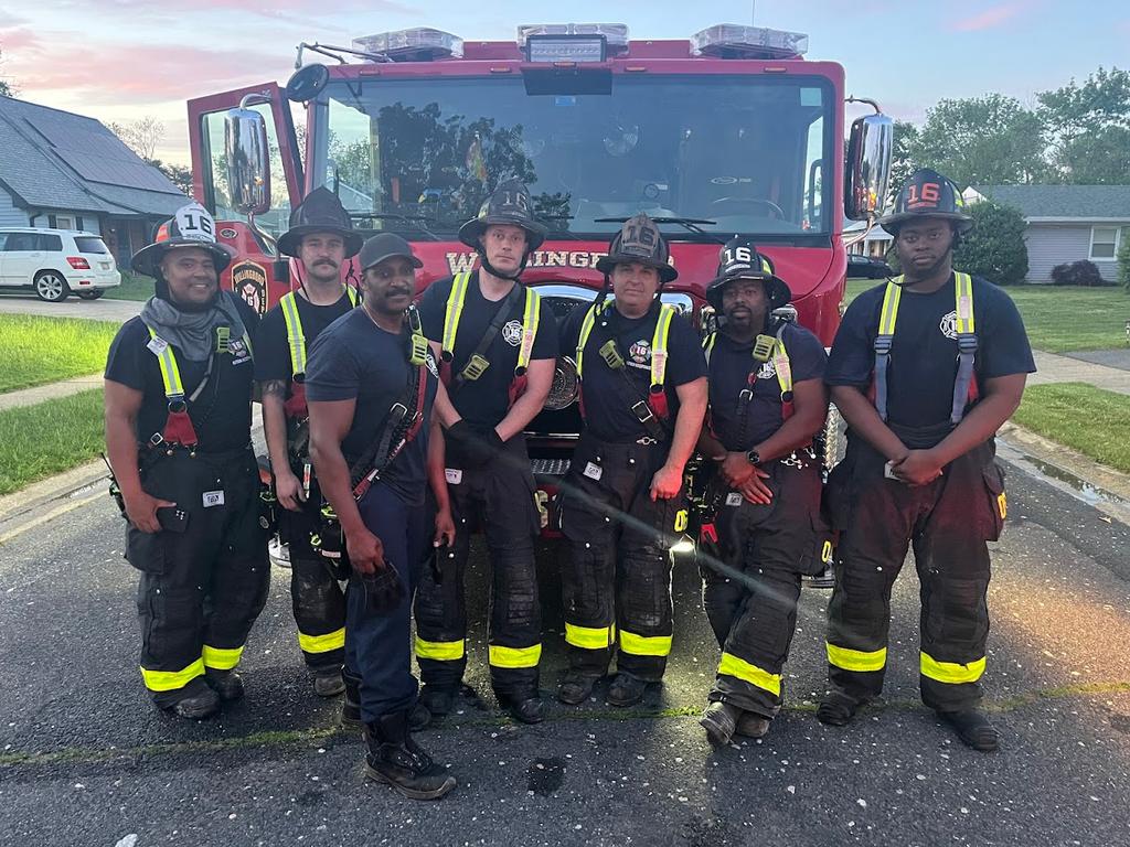 Lt Ferrell, Firefighters Connelly, Bowe, Levins, Capt Fresco, Firefighters Bennett and Marrow together after an all hands fire in Garfield Park.